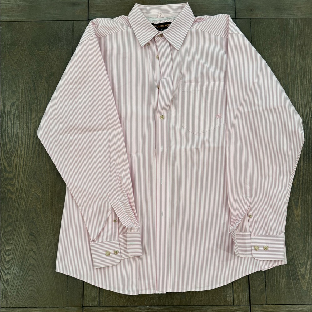 Men’s Ariat long sleeve button down shirt, XL, pink/white stripe